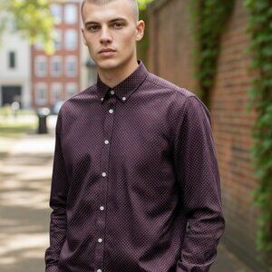 (G-214) H&M Slim Fit Men’s Button‎ Down Shirt L Burgundy Polka Dot Easy Iron